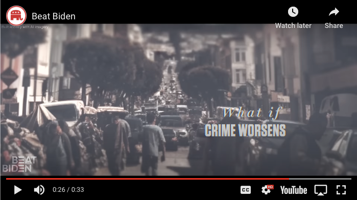 A single frame of an R\
NC ad showing a dystopian San Francisco with the title 'What if crime worsens'